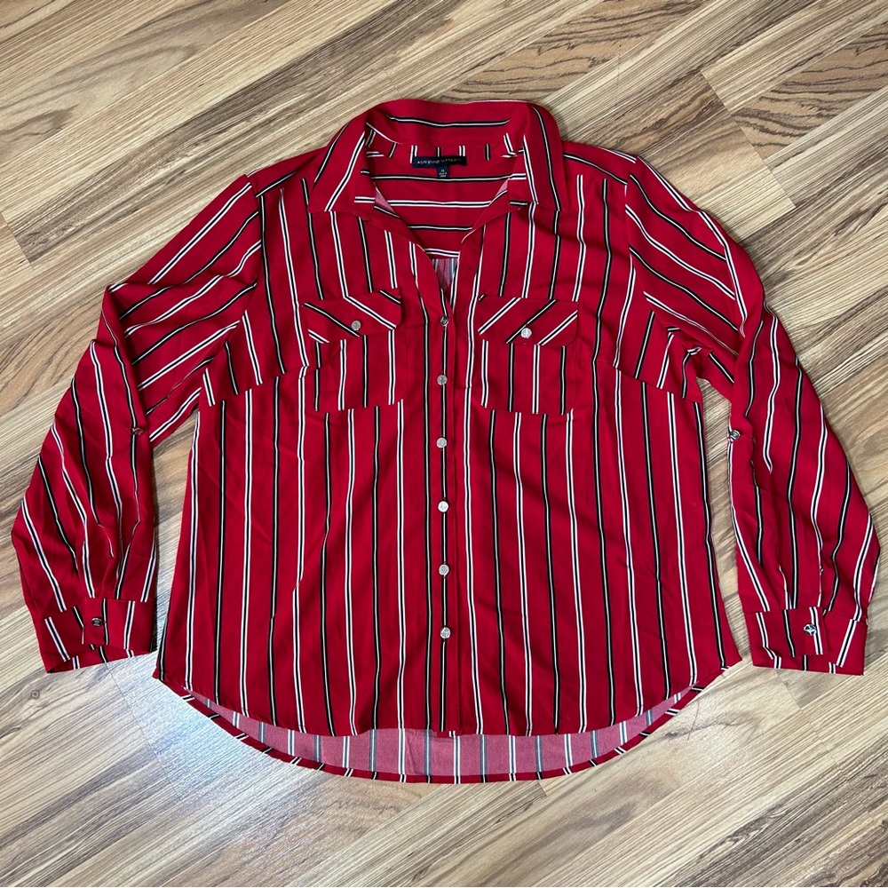 ADRIENNE VITTADINI Women's Red Stripe Button Up Blouse Size XL